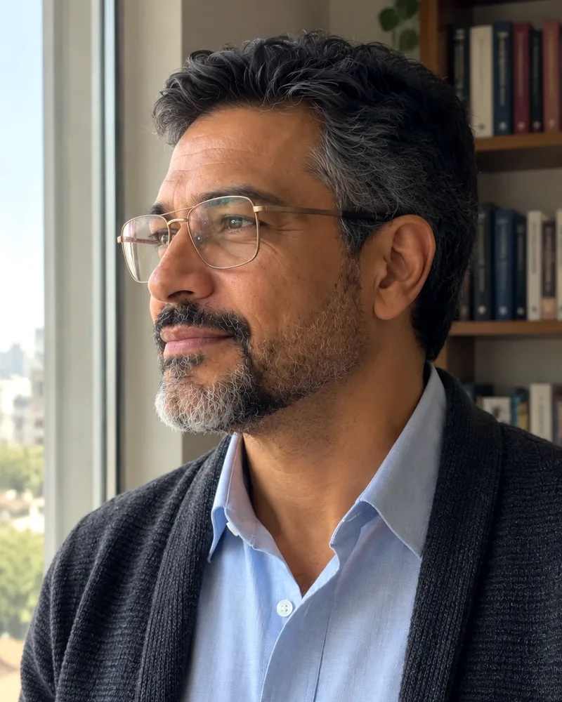 Pastor Elias Monteiro de perfil, olhando pela janela do escritório, de óculos, camisa azul-clara e cardigã