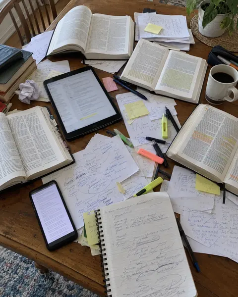 Mesa bagunçada com Bíblia, três livros abertos, celular, tablet, caderno rabiscado e folhas soltas espalhadas