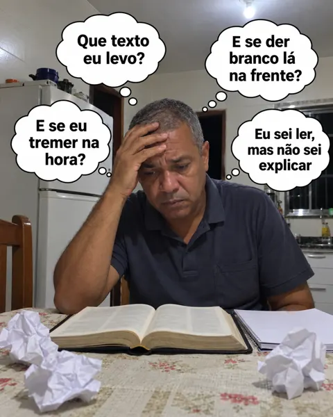 Um irmão de uns 55 anos à mesa da cozinha à noite, mão na testa, diante da Bíblia e de papéis amassados, pensando: Que texto eu levo? E se der branco lá na frente? E se eu tremer na hora? Eu sei ler, mas não sei explicar.