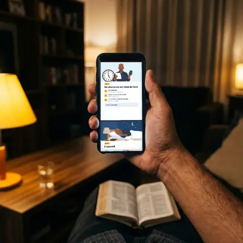 Celular na mão à noite mostrando a página Me chamaram em cima da hora