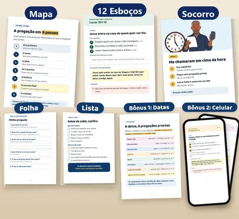 Tudo o que vem na Cartilha + Bônus: Mapa da Pregação em 6 Passos, 12 Esboços de Modelo por Culto, Socorro Pra Quando É Amanhã, Folha Pra Imprimir e Lista da Noite Antes